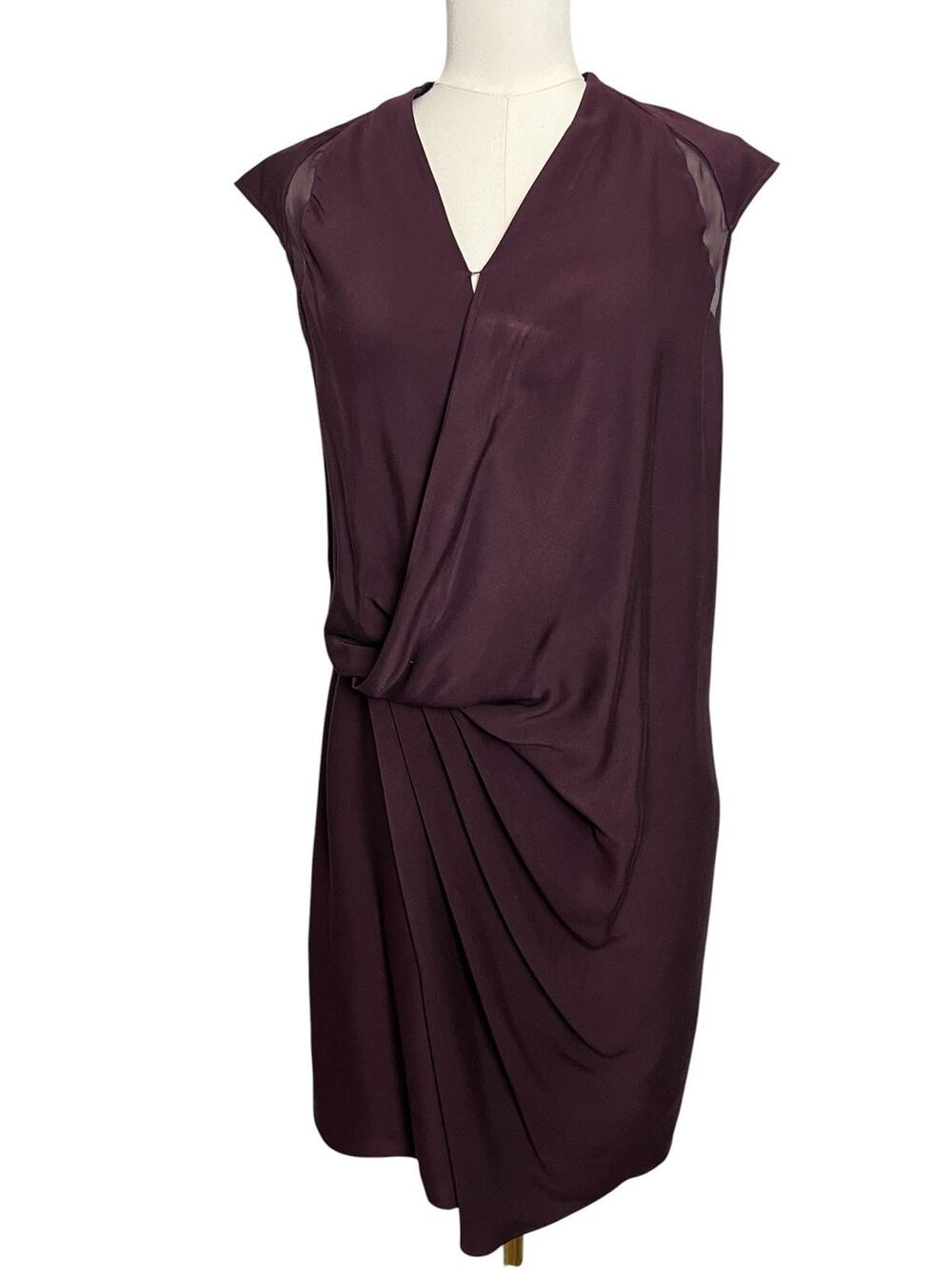 HELMUT LANG Wrap Sheath Dress Womens 8 Purple Ruched Draped Mesh Back Cocktail